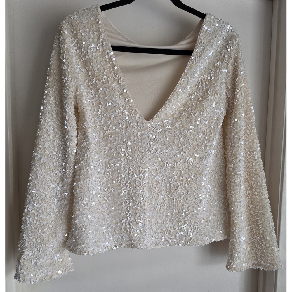H&M Sequin Blouse XS White Long Sleeve V-Neck Solid Party Top NWT